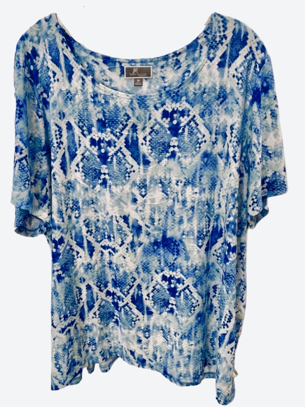 JM Collection Textured Blue and White Scoop Neck Watercolor Print Top